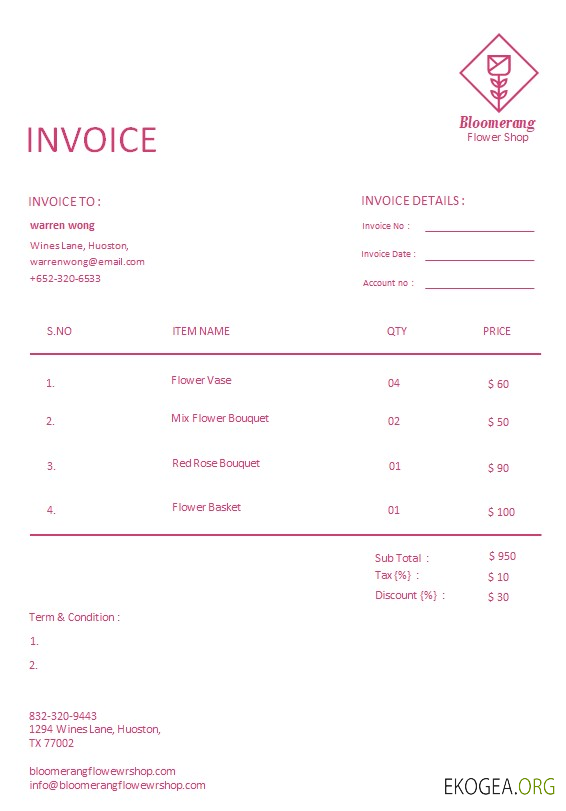 Modèle de facture de fleuriste gratuit